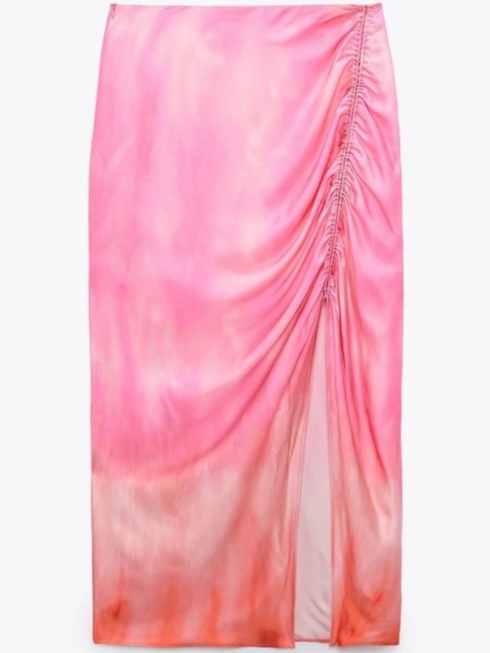 Pink Ombre Ruched Side Satin Maxi Skirt